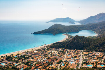 Aerial view of Oludeniz with Blue Lagoon and hills, Fethiye, Turkey
