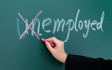 Closeup unemployed text on blackboard