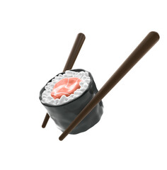 3d render illustration of rolls with salmon and chopsticks. Isolated on white background. Modern trendy design.