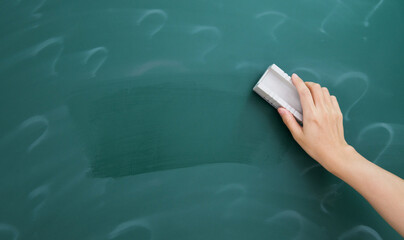 Hand erasing question mark on chalkboard
