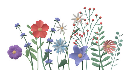 3d render illustration of wild flowers of the field. Plants of various types. Modern trendy design. Isolated on gray background.