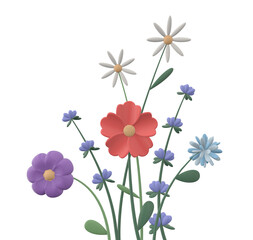 3d render illustration of wild flowers of the field. Plants of various types. Modern trendy design. Isolated on gray background.