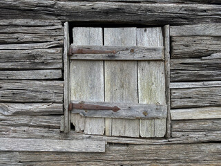 Mini crooked door with rusty hinges in a weathered plank wood barn.  