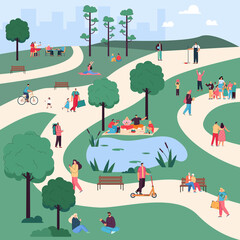 Men and women walking, having picnic and doing exercises in park. Crowd of cartoon people doing various activities, person on bicycle, girl doing yoga flat vector illustration. Summer, leisure concept