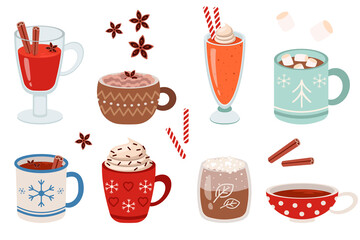 Mugs with warm winter drinks flat vector illustrations set. Cups of hot cocoa or chocolate, coffee with whipped cream and marshmallows on white background. Christmas, autumn or winter holidays concept