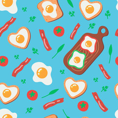 Seamless pattern with cute smiling breakfast food. Vector illustration.