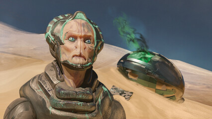 Digital 3d illustration of an alien creature stranded in the desert with his crashed escape pod in the background