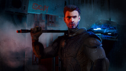 Digital 3d illustration of a sci-fi police officer in a gritty urban environment - fantasy character art
