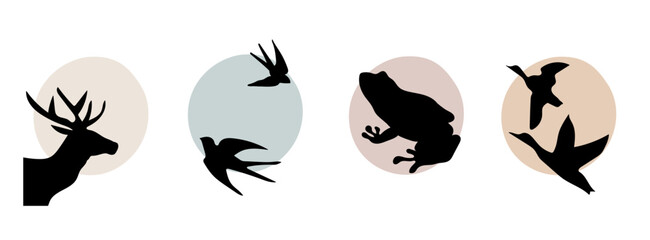 Collection of modern minimalistic abstractions with silhouettes of wild animals: deer, swallow birds, frog and ducks with geometric shapes on a white background