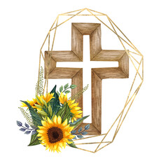Sunflower floral cross. Easter illustration. Watercolor Wedding Cross