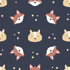 Seamless pattern with cute foxes and stars