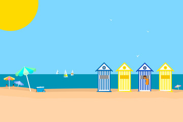 Beautiful summer beach scene with beach huts, umbrellas and yachts in the sea. Copy space