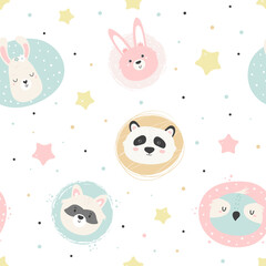 Seamless pattern with cute animals and stars