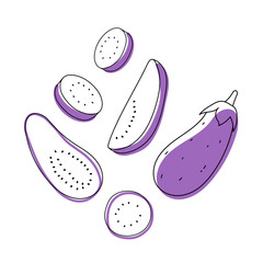 Set of doodle outline eggplant with spots. Whole and pieces.