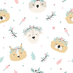 Seamless pattern with cute animals anf forest elements