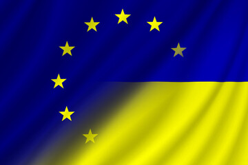 European Union (EU) and Ukraine. European Union flag and Ukraine flag. Concept of aid, association of countries, political and economic relations. Flag with ripples. OTAN-NATO flag..