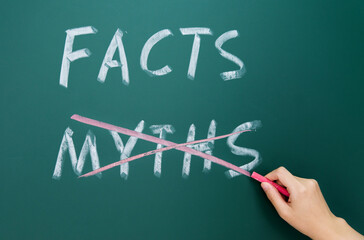 Hand drawing myths and facts on blackboard - obrazy, fototapety, plakaty