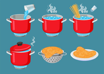 Pasta cooking process vector illustrations set. Recipe instructions or directions, spaghetti in boiling water in pot, macaroni in colander and bowl isolated on blue background. Food, cooking concept