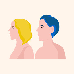 portrait of a Ukrainian man and woman in yellow - blue colors. Illustration. characterizing the social crisis of Ukrainians. Young modern people. Flat vector.