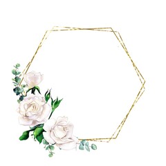 Watercolor geometry frame. Wedding, christening Invitation, modern card Design. Save the Date Card Templates Set with Greenery, white roses and eucalyptust.