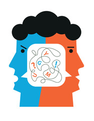 Schizophrenia,bipolar disorder, male head silhouettes. 
Illustration of Stylized Male Head with speech bubble inside. Vector available.