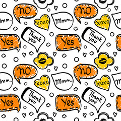 A seamless pattern of speech bubbles with hand-drawn, doodle-style dialog words. Boom, Oops, No, Okay, Wow. Speech. Vector illustration.