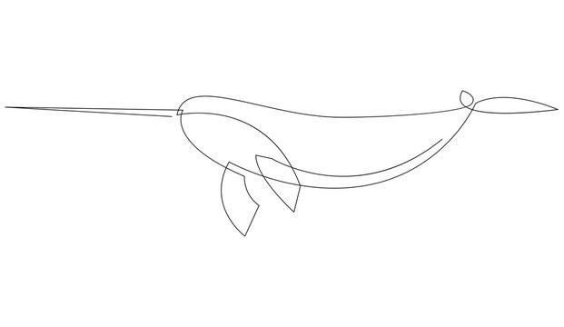 Single continuous line drawing of narwhal for logo identity. Narwhale animal mascot concept. One line draw design vector graphic illustration.