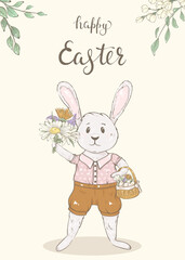 Fototapeta na wymiar Easter card with bunny and spring flowers