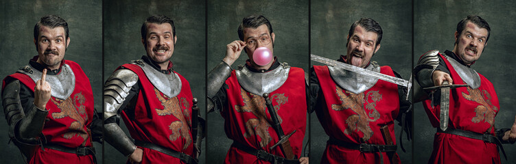 Collage with vintage portraits of funny medieval warrior or knight with dirty wounded face holding...