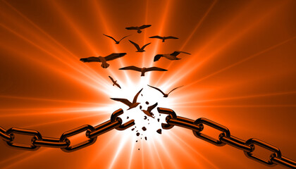 Birds Freedom Concept. group of bird breaking metal chains and flying away on shiny sun rays background. Inspiration, Liberty and Freedom concepts 