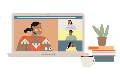 Video conferencing concept. Group people having an online meeting. screen with video call application. Vector flat style illustration isolated on white background