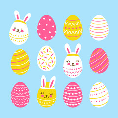 Set of cute decorated eggs - cartoon decor for happy Easter design