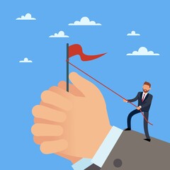 Aspiration and purpose. Businessman makes efforts to achieve goal. Man pulling rope and reaching for target. Hands holding flag. Business development. Aims achievement. Vector concept
