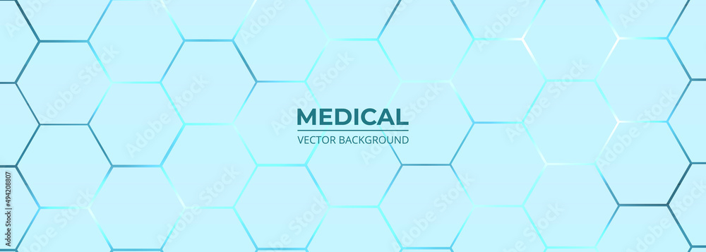 Wall mural light blue abstract wide medical background science concept with hexagonal structure grid. vector il