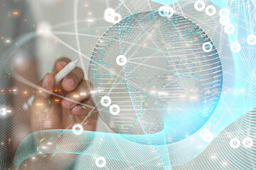 abstract lines with dots over dark background.