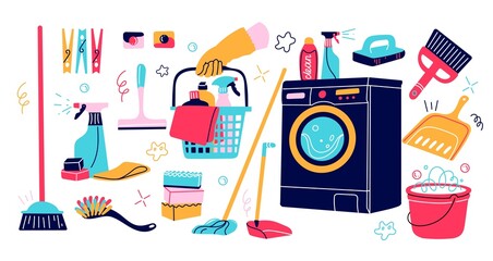 Cartoon cleaning supplies. Different household goods. Washer and buckets with mops. Detergent chemicals and sponges. Housekeeper hand with basket. Scoop and broom. Vector cleanup tools set