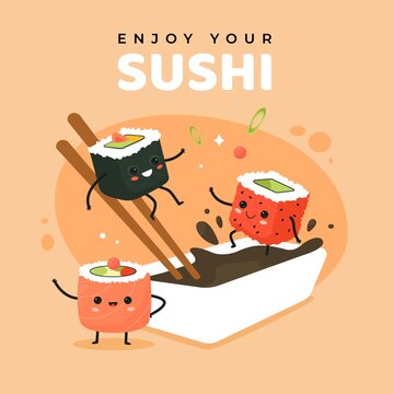 Cute comic sushi rolls poster. Little funny cartoon food characters jump into soy sauce, advertising japanese cuisine banner, asian restaurant or cafe mascot with emotion vector concept