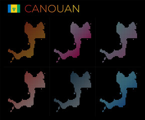 Canouan dotted map set. Map of Canouan in a dotted style. Borders of the island filled with beautiful smooth gradient circles. Authentic vector illustration.