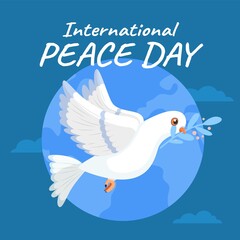 Day of peace poster. World hope international holiday. White bird with green twig in beak. Flying animal and olive branch. Peaceful pigeon on Earth backdrop. Dove and sprigs. Vector concept