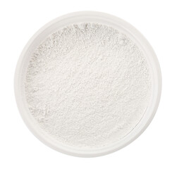 Bowl of tooth powder on white background, top view