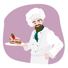 Chef confectioner hold dessert on plate. Flat vector illustration for advertising, cafe windows, stickers, invitation to cooking courses