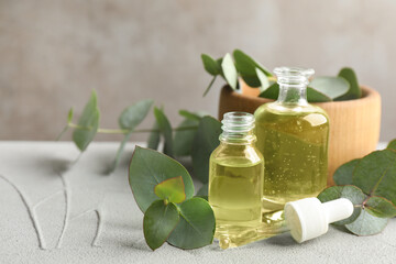 Bottles of eucalyptus essential oil and plant branches on light table