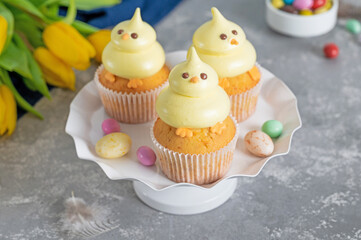 Cute Easter chick cupcakes. Vanilla cupcakes with buttercream on a white stand with fresh flowers on a white wooden background. Copy space.