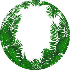 Vector round frame: green tropical palm and monstera leaves and empty place for text. Natural summer design with exotic floral elements for card, poster, invitation, decorative plate.