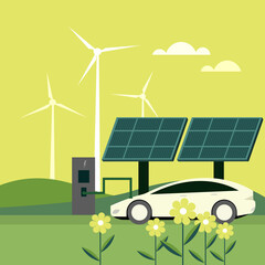 Obraz premium Illustration of an electric car getting charged using renewable energy