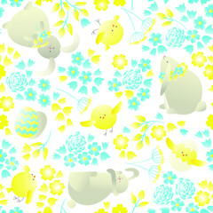 Vector image, beautiful seamless pattern with easter bunnies and chicks on a white background.