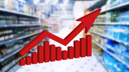 Red growing up large arrow on abstract blur image of supermarket background. Bar charts and graphs....