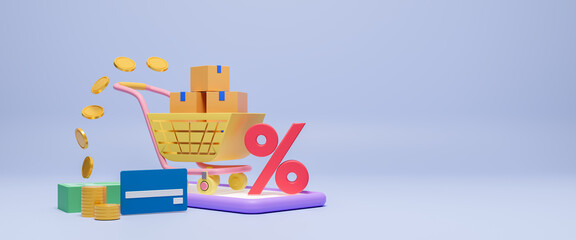 Online shopping and payment methods concept with happy customers buying and making payments with smartphones, the mobile application for e-commerce digital marketing promotions, 3d render illustration