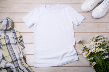 Womens T-shirt mockup with wild daisy