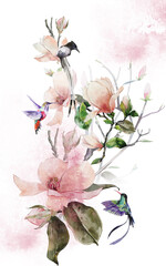 Watercolor arrangements with birds, owl and magnolia blooming branches 